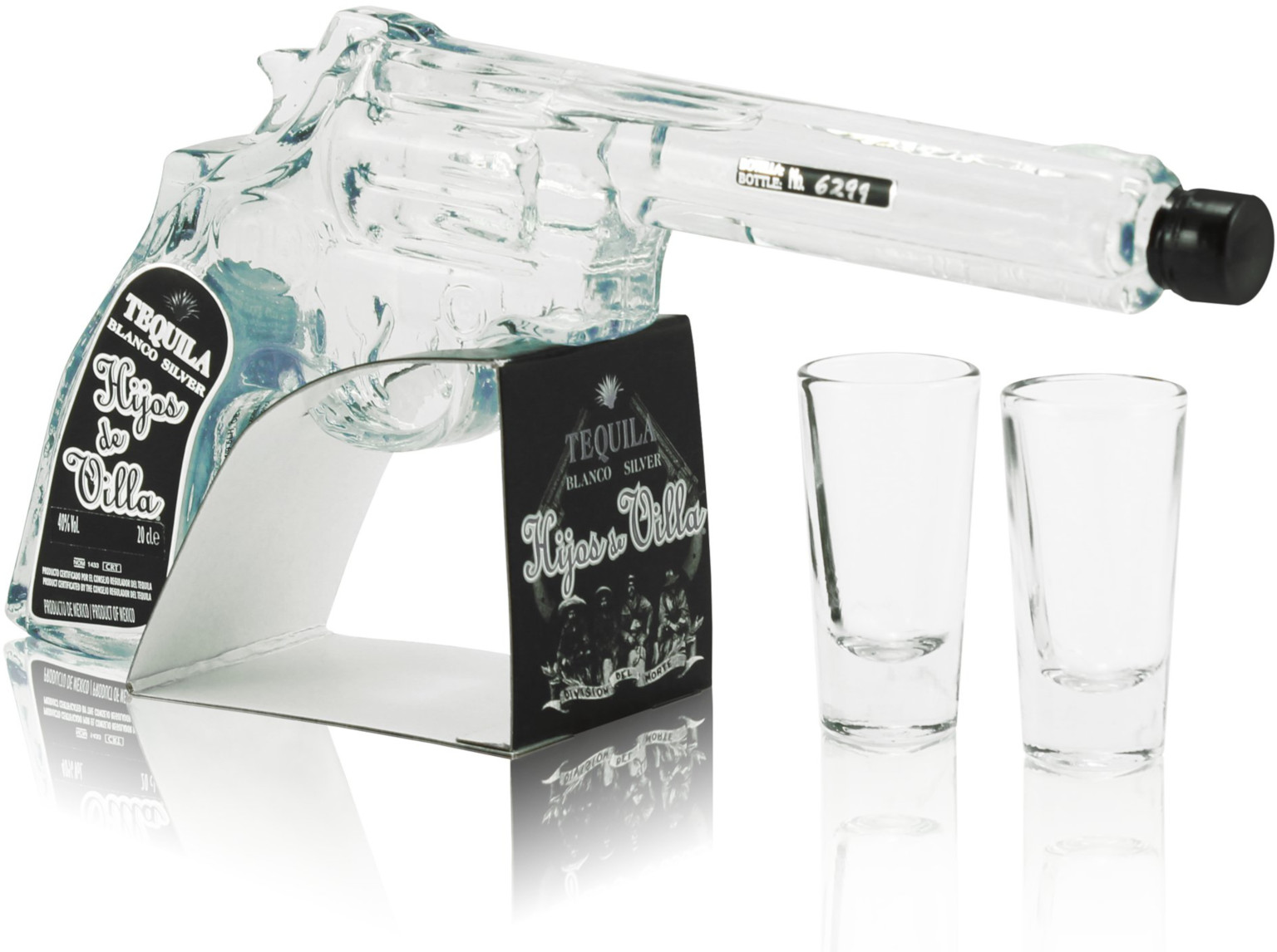 Hijos de Villa Blanco Tequila Revolver-Flasche 0,2L (40% Vol.) (mit 2 Shotgläsern)